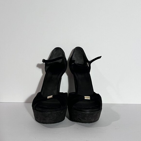 Gucci by Tom Ford Cork Wedge Black Suede Silver Logo Heels Sz 8 - Picture 8 of 16